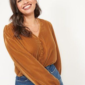 Burnt Orange Long-Sleeve V-Neck Button Up Velvet Blouse